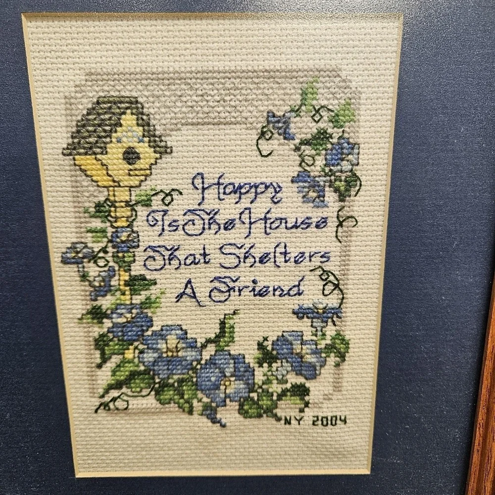 VTG 2004 Handmade Birdhouse Friendship Framed Cross Stitch Tapestry 9X11 Sampler